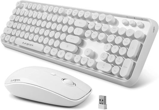 White Wireless Keyboard and Mouse Combo,Bubble Round Keys,Typewriter Style