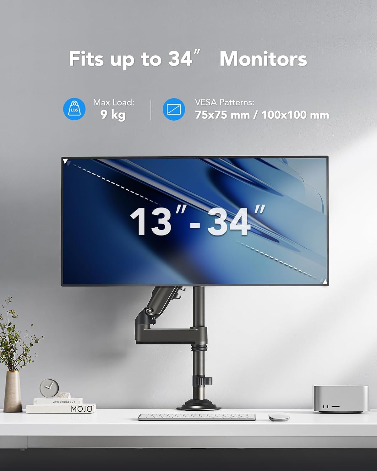 HUANUO Single Monitor Arm, Adjustable Desk Mount for 13-34 inch Screens, Holds 19.8lbs, 22.44 inch Max Height, Full Motion Swivel Gaming Monitor Stand with VESA 75x75mm and 100x100mm Compatibility