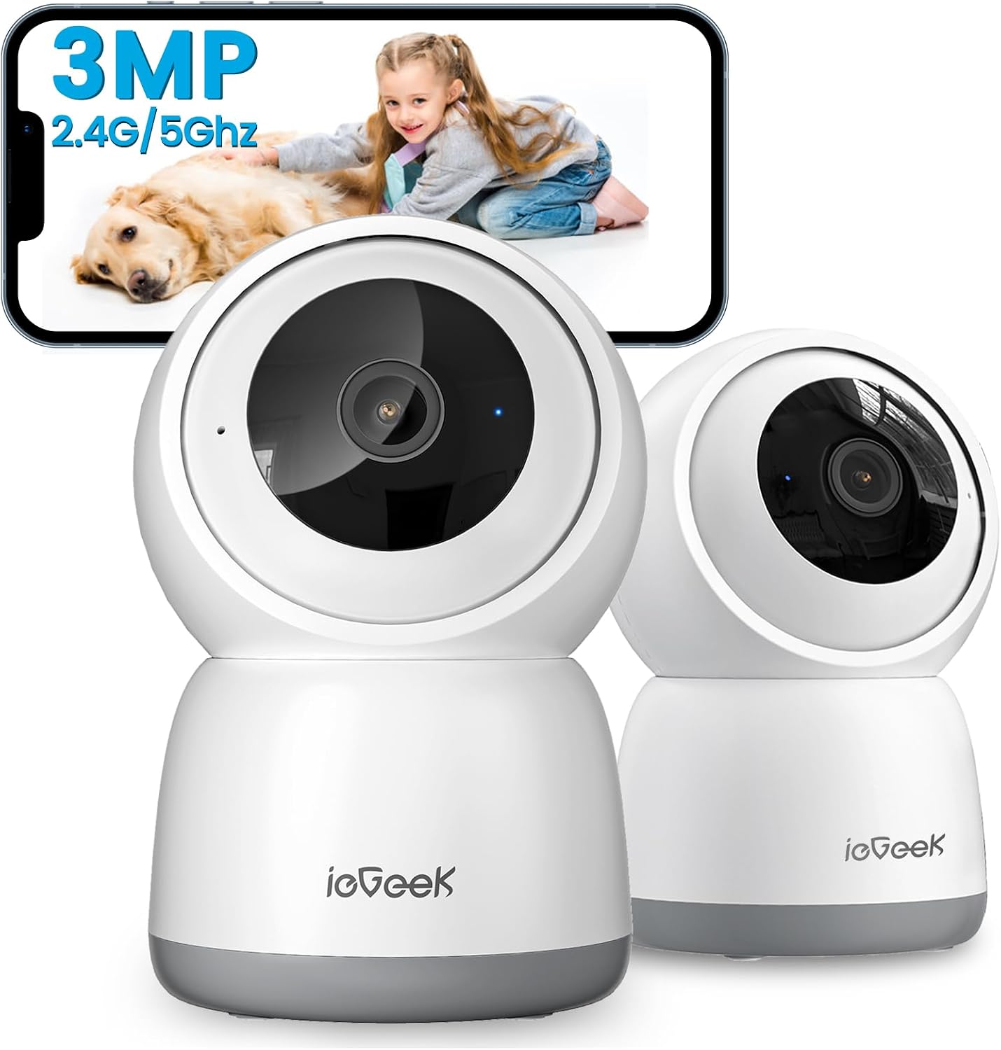 ieGeek Indoor Camera, 2K Cameras for Home Security, 5G Security Camera Indoor, 360° Pet/Dog/Baby Camera with Phone App, AI Tracking, 2-Way Audio, Night Vision, 24/7 SD Card Storage, Alexa (2 Pack)