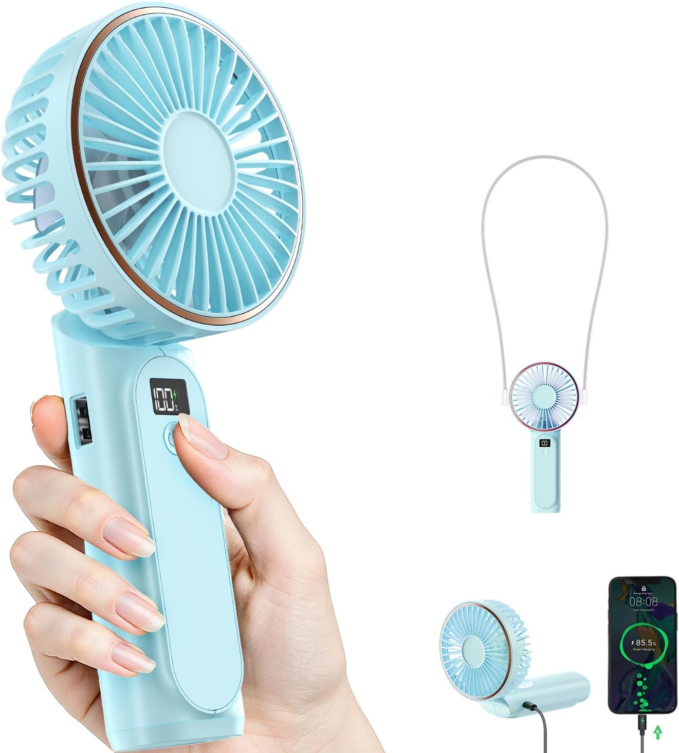 TUNISE Portable Handheld Fan, 4000mAh, 180 Adjustable, 6 Speed Wind, USB Rechargeable Foldable Fan with Real-Time Electricity Display