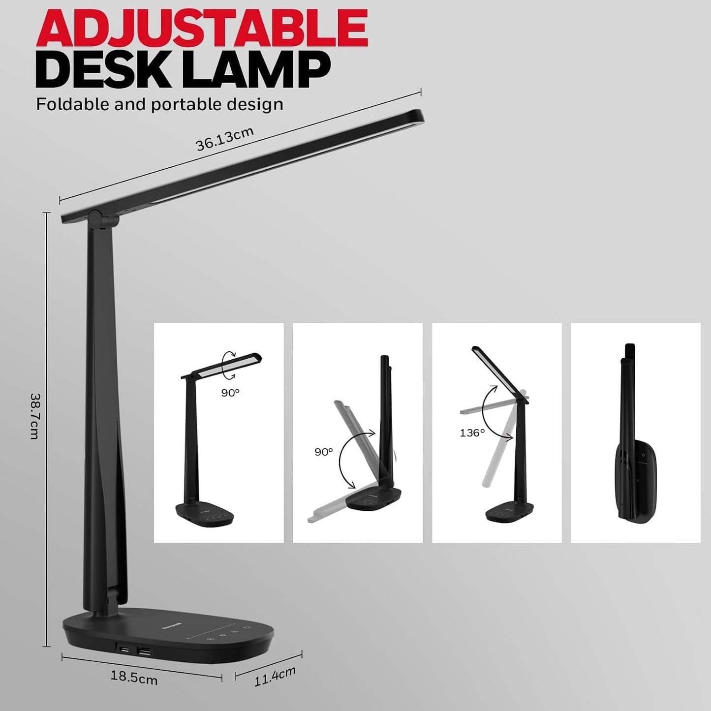 Honeywell HWT-H2 LED Desk Lamp for Home Office, CRI94 Full Spectrum Eye-Caring Light, Dimmable Table Lamp with USB-A & USB-C Charging Ports, Foldable Touch Control Reading Lamp, Black