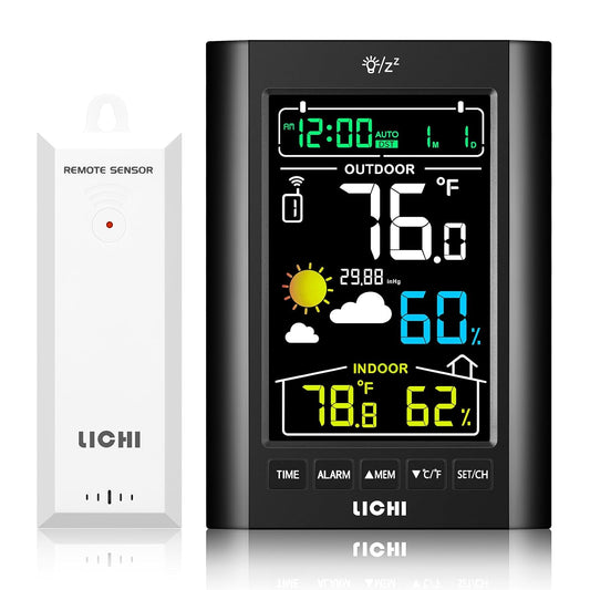 Weather Station Wireless Indoor Outdoor Thermometer， Inside Outside Temperature Humidity Monitor，with 330ft Range Sensor and Adjustable Backlight (Black)