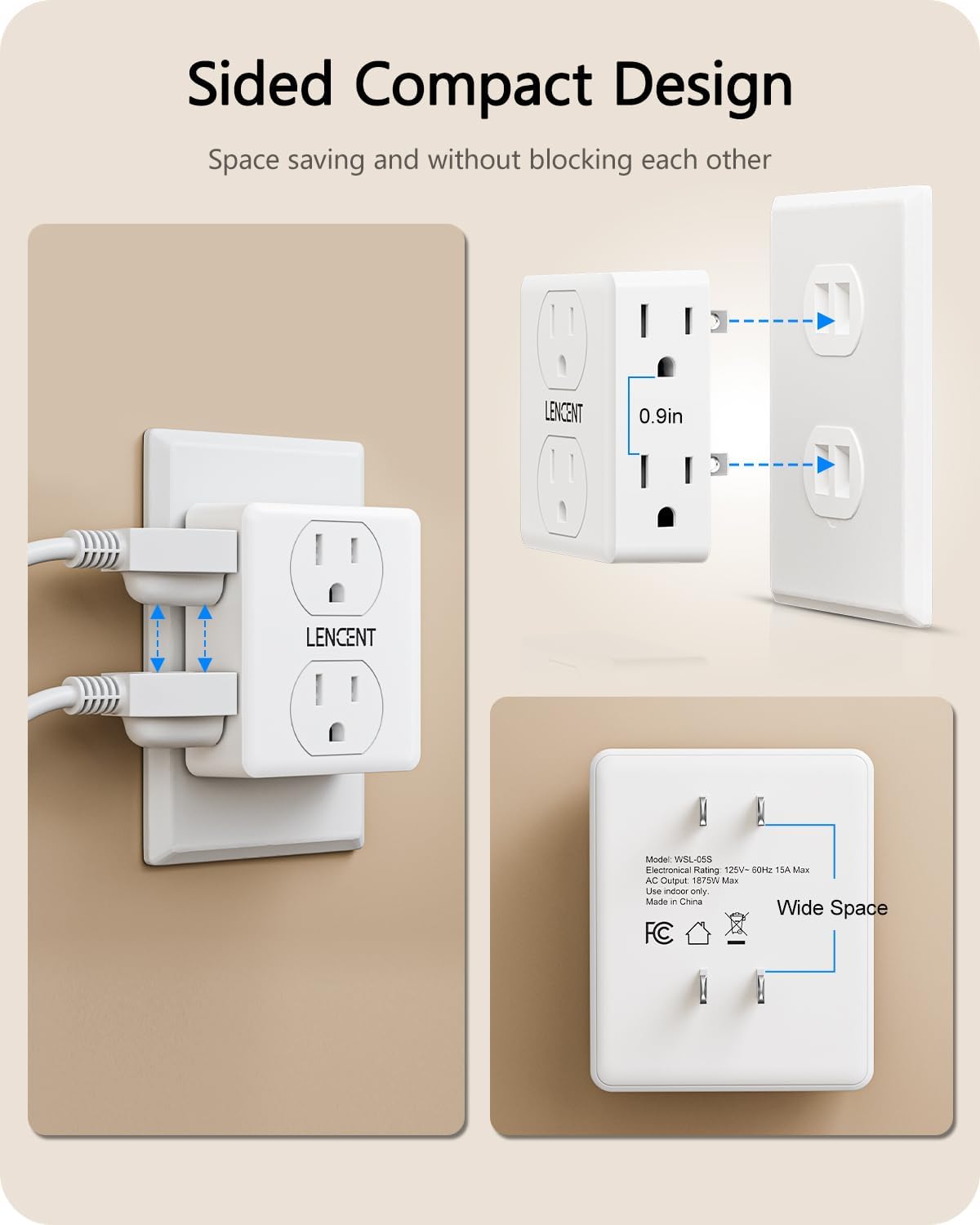 LENCENT 2 to 3 Prong Outlet Adapter, 2 Prong Plug Adapter, 6 Widely Spaced | Outlets Extender, 3-Sided Wall Plug Splitter, 1875W Max, Compact Wall tap for Non-Grounded Outlets in Old House Hotel Dorm