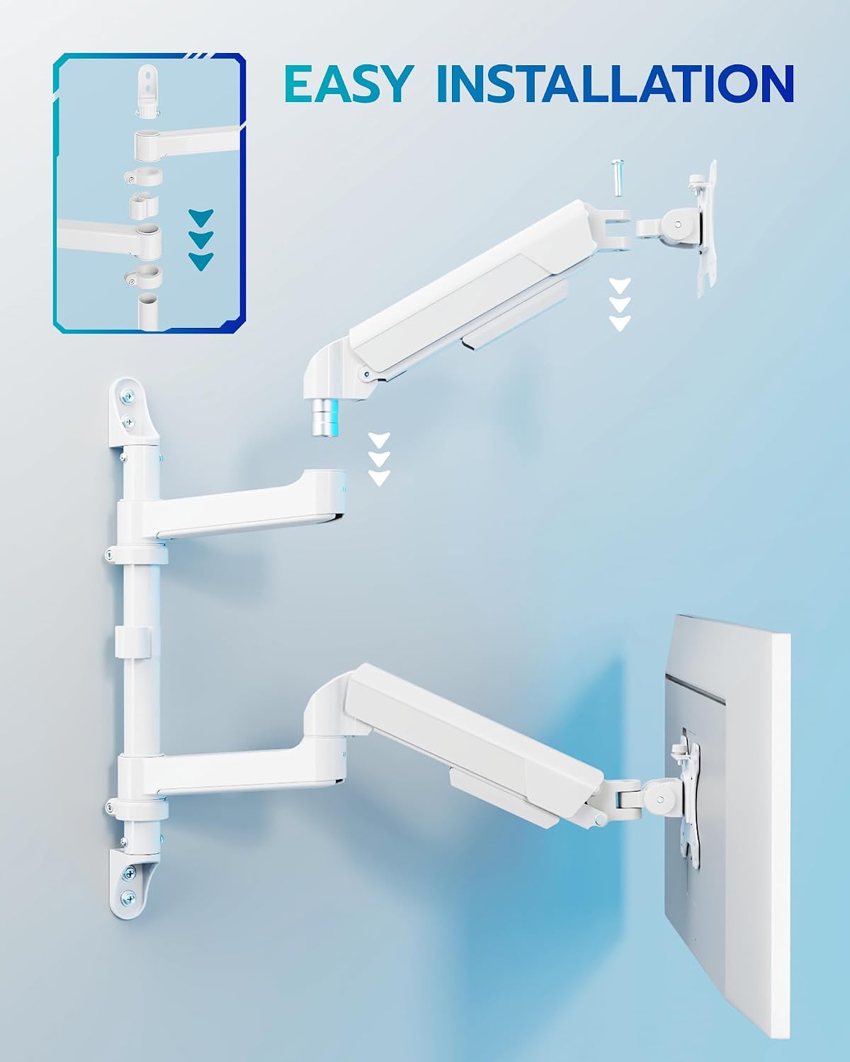 ARES WING 17-40 Inch Ultrawide Vertical Dual Monitor Wall Mount, White | Heavy Duty Monitor Arm Up to 26.4 lbs, Fully Adjustable Wall Mount, VESA 75x75/100x100 Compatible