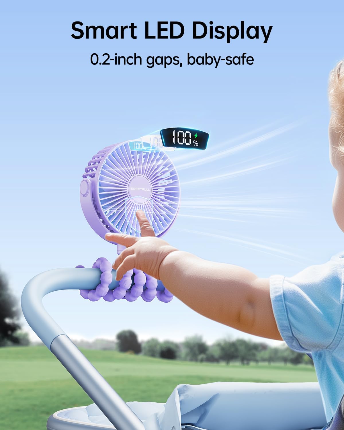 SWEETFULL Portable Stroller Fan with LED Display, 4 Speed Rechargeable Mini Clip On Fan, Built-in Non-Removable Rechargeable Battery,Sealed housing