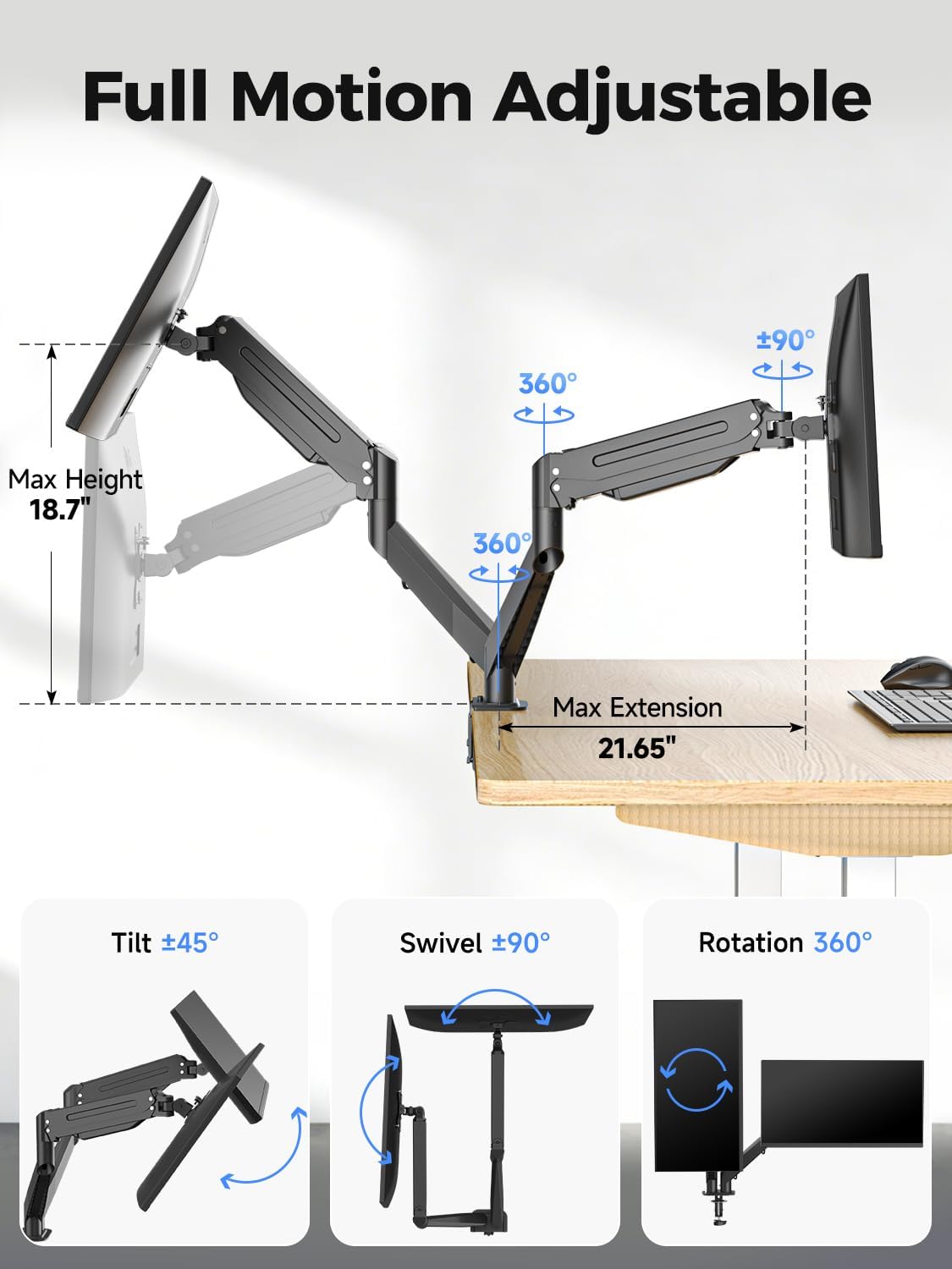 Suptek Dual Monitor Mount Stand-Height Adjustable Gas Spring Monitor Arm Desk Mount for 2 Computer Screens 17 to 35 inches - Each Arm Holds up to 24.25lbs,Black(MD8SP)