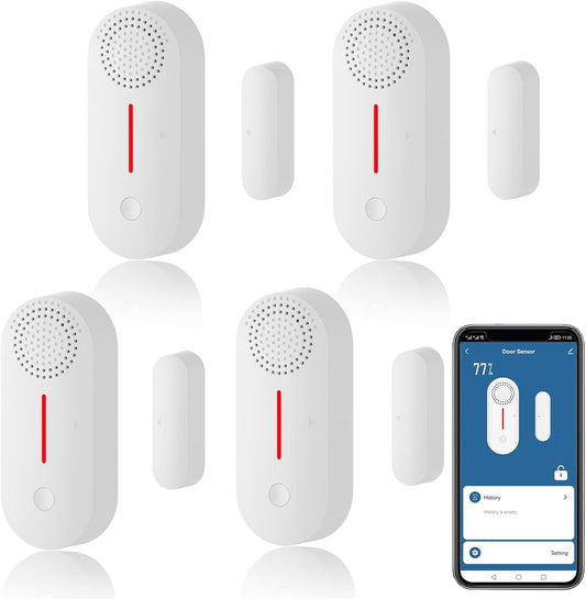 WiFi Smart Door Sensor, Wireless Door Window Sensor Alarm, Mini Contact Sensor for Home Security, Push Notification, Volume Adjustable, Timer, Compatible with Alexa/Google Assistant. 4 Pack