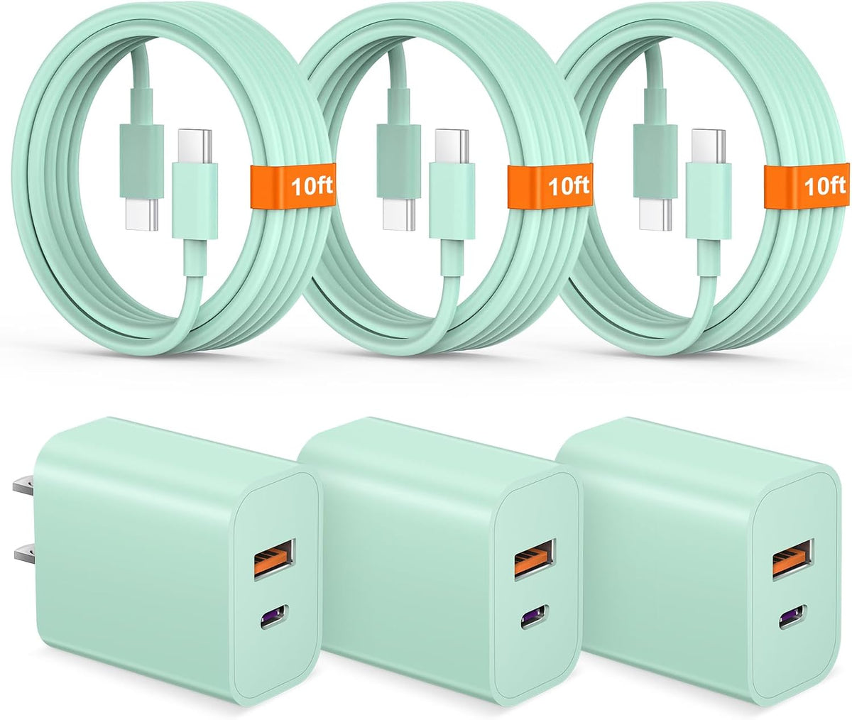 iPhone 17 16 15 Charger Fast Charging USB C Charger Block Type C Chargers Charging Block with 3 Pack 10FT Cable for iPhone 17/17 Plus/17 Pro Max/16/16 Plus/16 Pro Max/15 Pro Max/iPad Pro(Green)