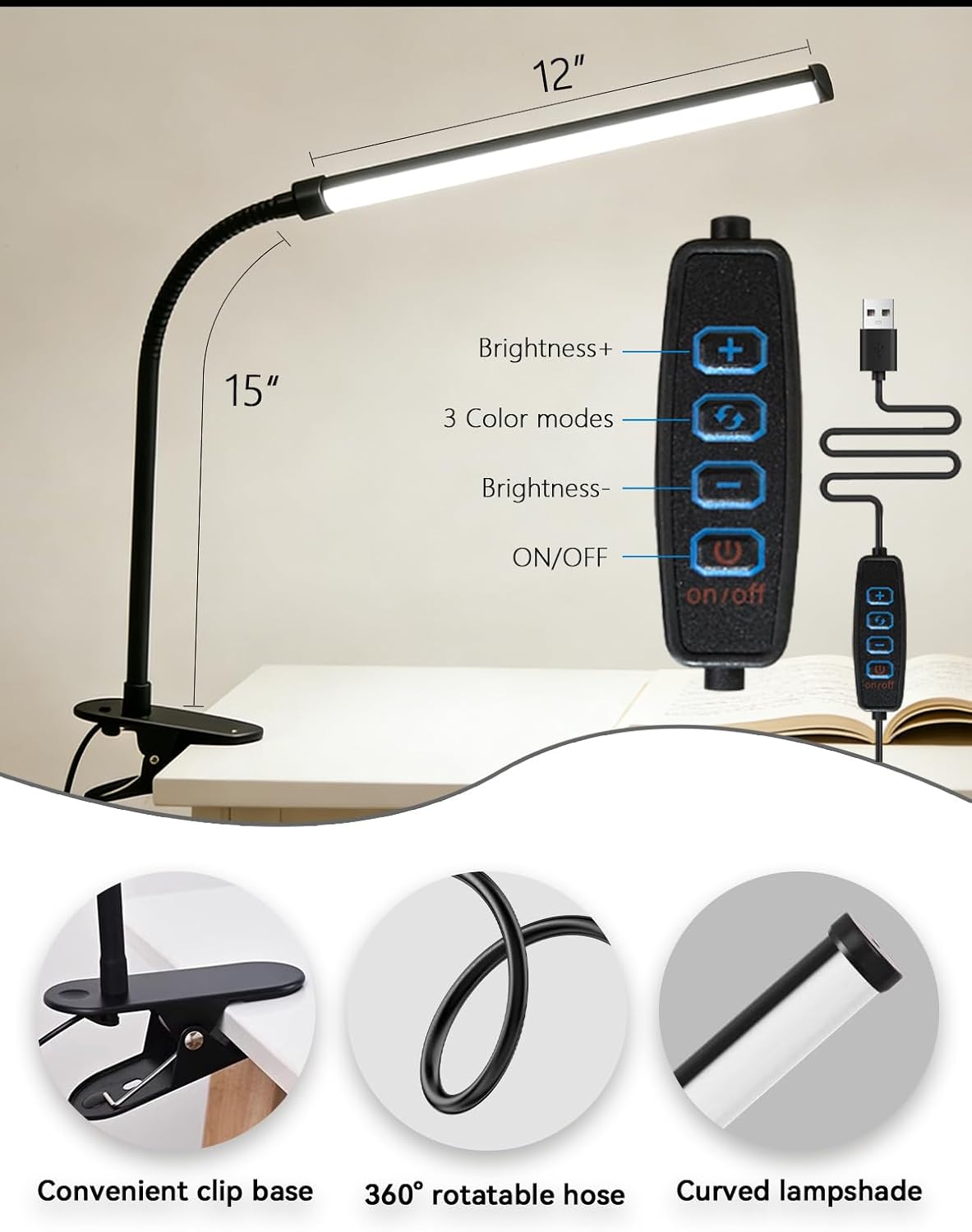 2 Pack Clip On LED Desk Lamp, 3 Lighting Modes 10 Brightness Levels, Flexible Goose Neck Swing Arm Task Lamp, Eye Caring USB Powered Clamp Light for Home Office Study Reading Bedside