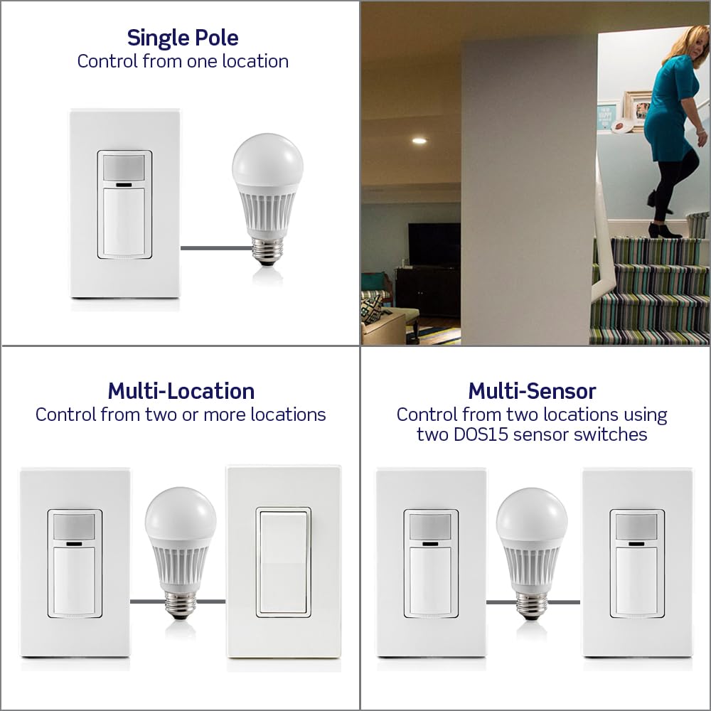 Leviton Decora Occupancy Motion Sensor in-Wall Switch, Auto-On or Manual-On, 15A, Single Pole, Multi-Way or Multi-Sensor, DOS15-1LZ, White with Ivory, Light Almond Faceplates