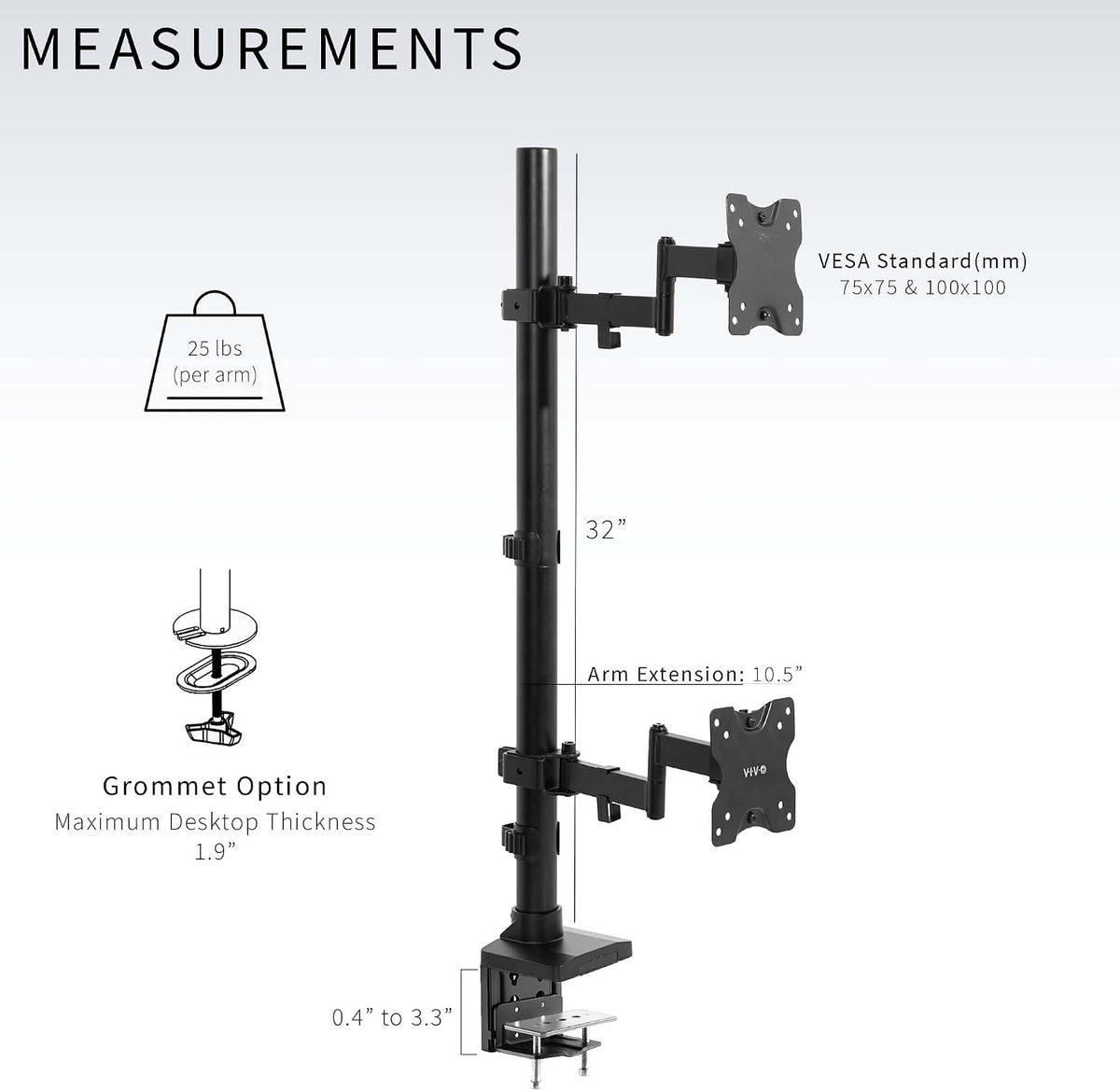 VIVO Dual Vertically Stacked Ultra-Wide Monitor Desk Mount with Extension Arms, Extra Tall Heavy Duty Adjustable Stand for 2 Ultrawide Screens up to 43 inches, 50 lbs Capacity, Black, STAND-V202T