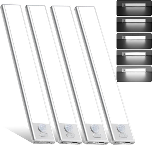 16inch Under Cabinet Lighting, 4 Pack Rechargeable Motion Sensor Light Indoor, Wireless Dimmable Magnetic Closet Lights, 68 LED Under Counter Lights for Kitchen, Wardrobe, Stairs, White Light