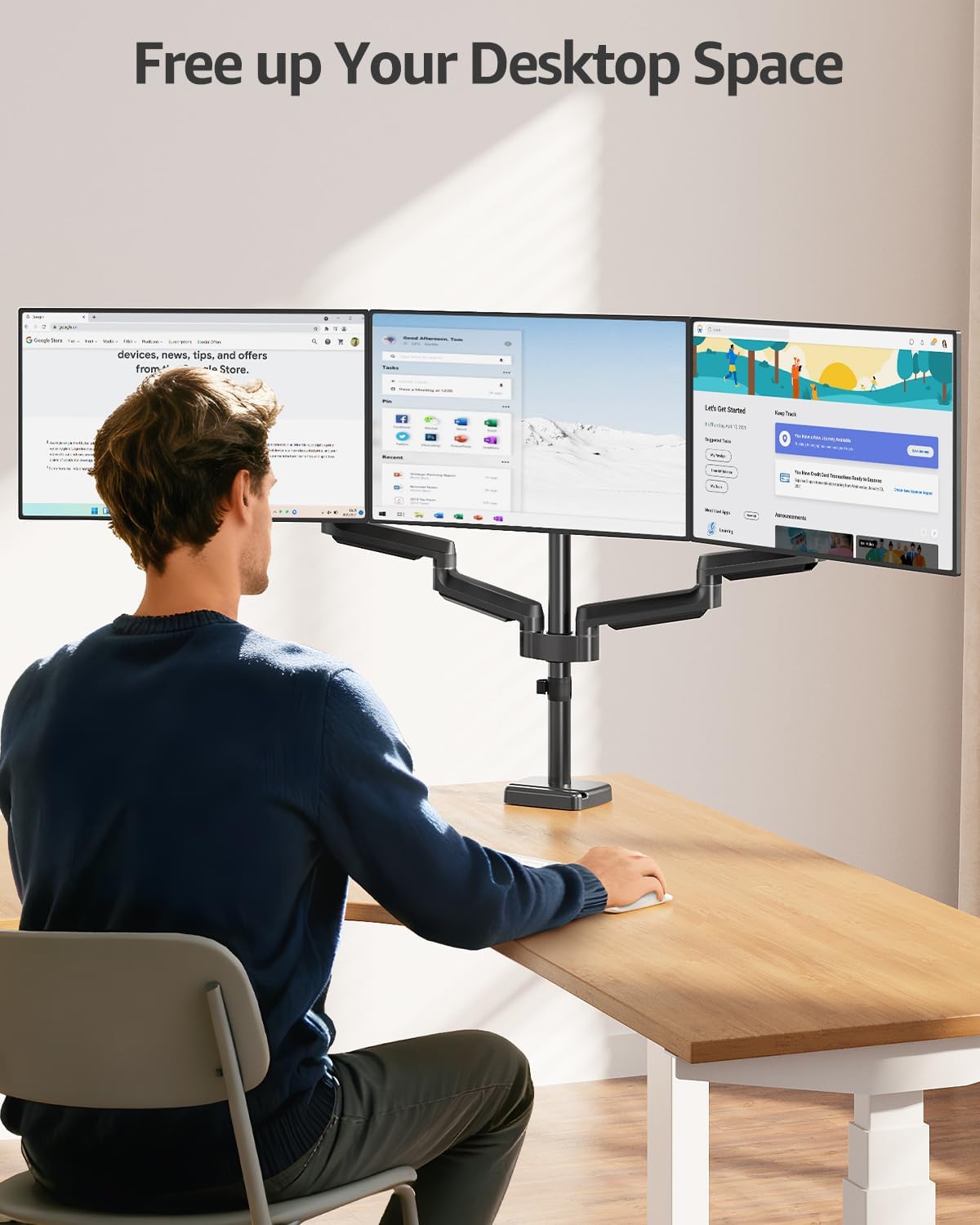 MOUNTUP Triple Monitor Stand Mount - 3 Monitors Desk Mount for Computer Screens Up to 27 inch, Triple Monitor Arm, Heavy Duty Monitors Stand, Each Arm Holds 4.4-19.8 lbs, Black