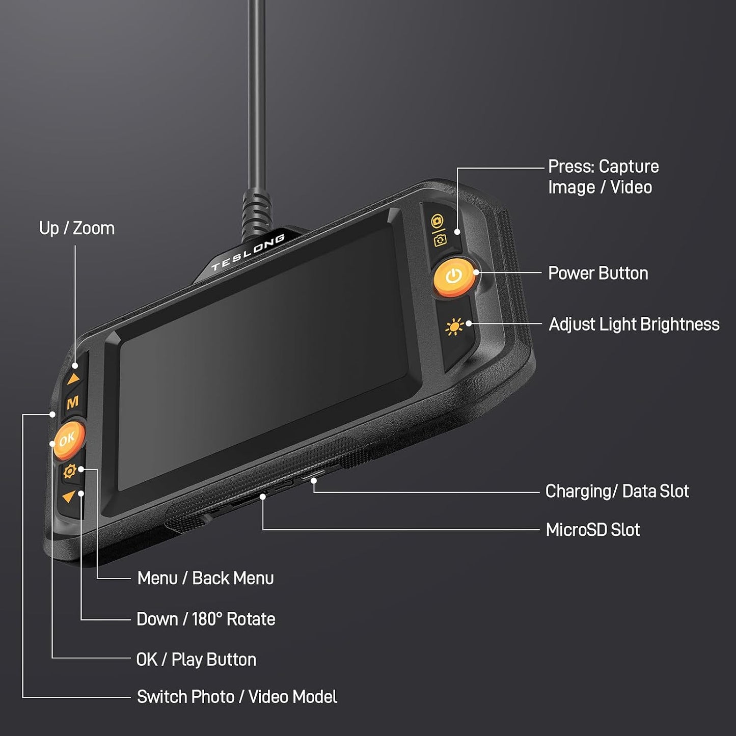 Teslong Borescope Camera with Light for Automotive Mechanic Plumbing Wall | 0.32 inch Endoscope, 16.5FT Cable, 4.3-inch Screen, 8 LED Lights, IP67 Waterproof, 1500mAh Battery, 1.5x Zoom