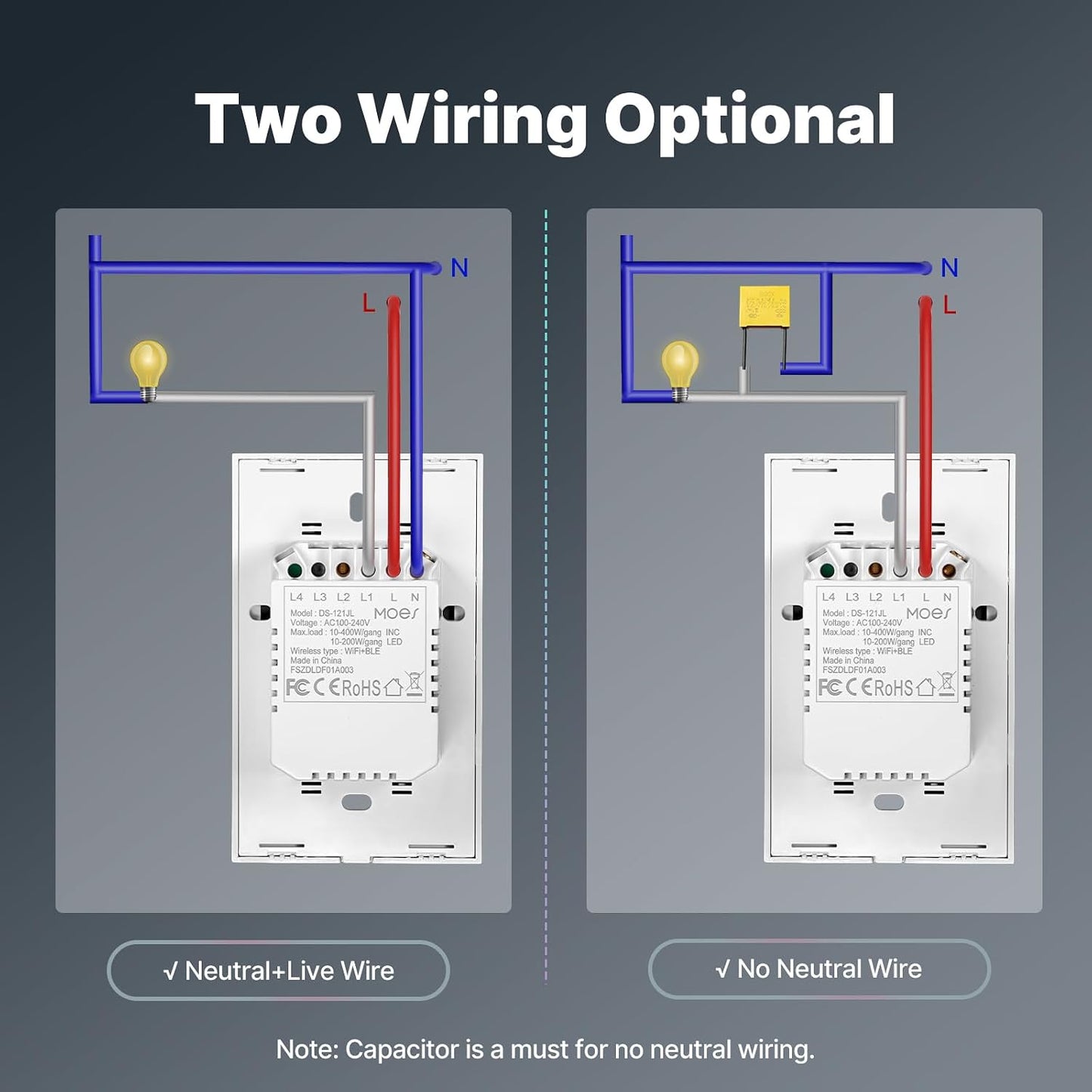 MOES 2nd Generation Smart Touch Wall Switch, 2.4GHz Wi-Fi Single Fire Single Pole Switch, No Neutral Wire Required, Remote MOES APP Control, Compatible with Alexa and Google Home 110V White 1 Gang