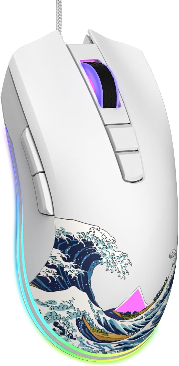 COSTOM Womier USB Wired Gaming Mouse for PC Computer Windows Mac Laptop | Lightweight Silent RGB Backlit Mouse with Adjustable 12000DPI/7 Programmable Side Buttons, Black Kanagawa Theme-G705 V2
