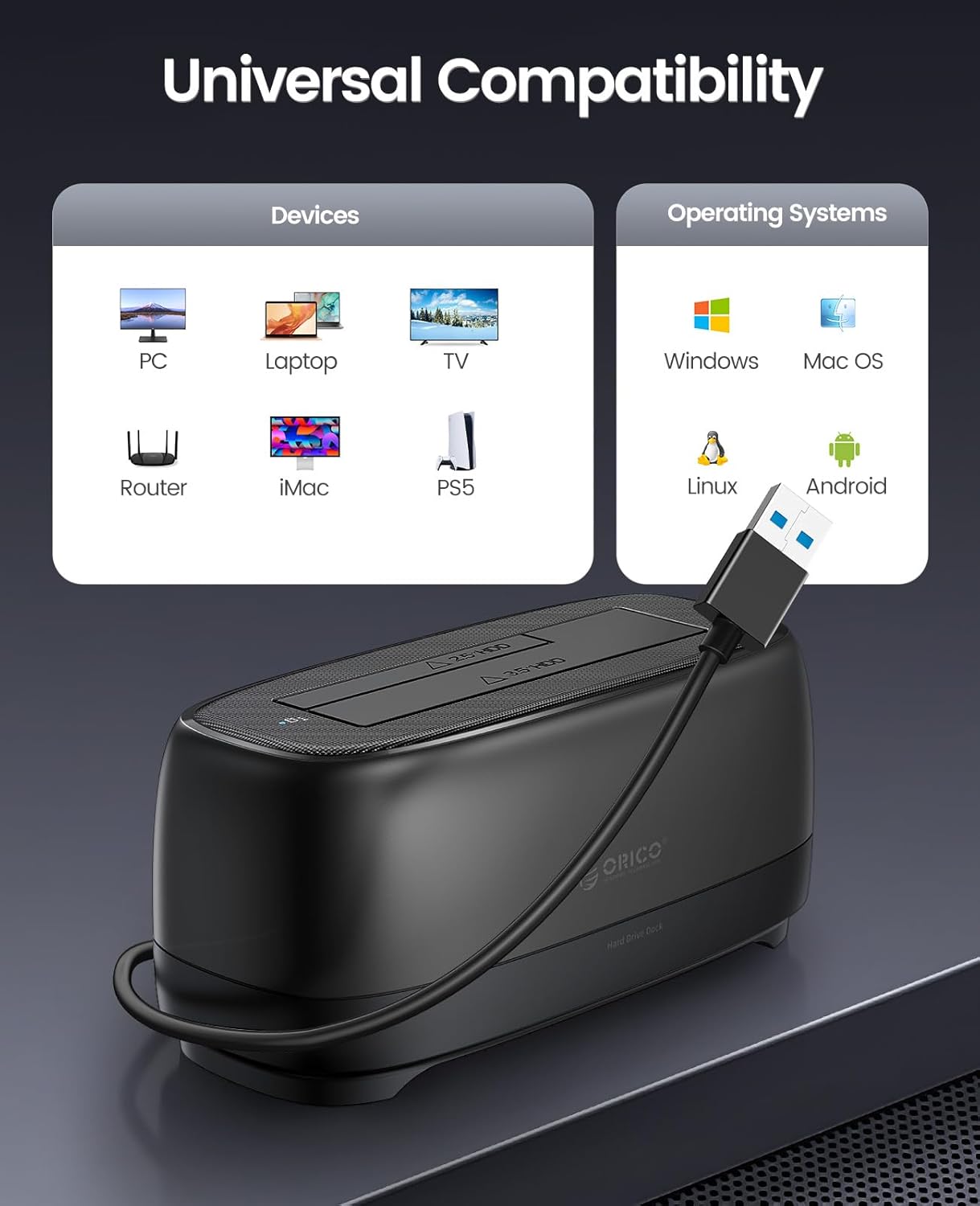 ORICO External Hard Drive Docking Station for 2.5/3.5 Inch HDD SSD USB 3.0 to SATA Hard Drive Dock Up to 22TB Support UASP 12V Power Adapter Supply-DD18