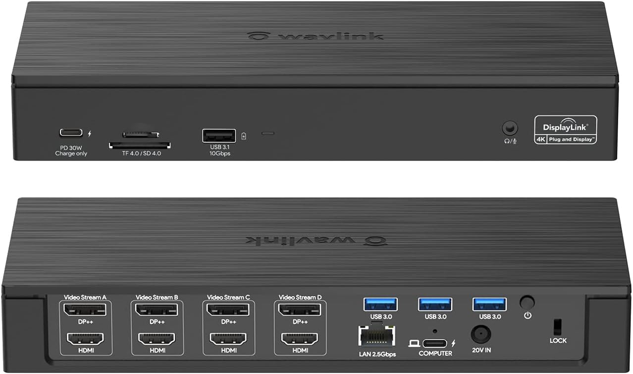 WAVLINK DisplayLink Laptop Docking Station - Quad Monitor 5K/4K@60Hz, 100W Charging - Thunderbolt 5/4, USB-C/A - M1-M5 Mac/MacBook Neo/Windows/Chrome- 4 HDMI, 4 DP, 180W Power, SD 4.0 CR, 2.5Gbps LAN