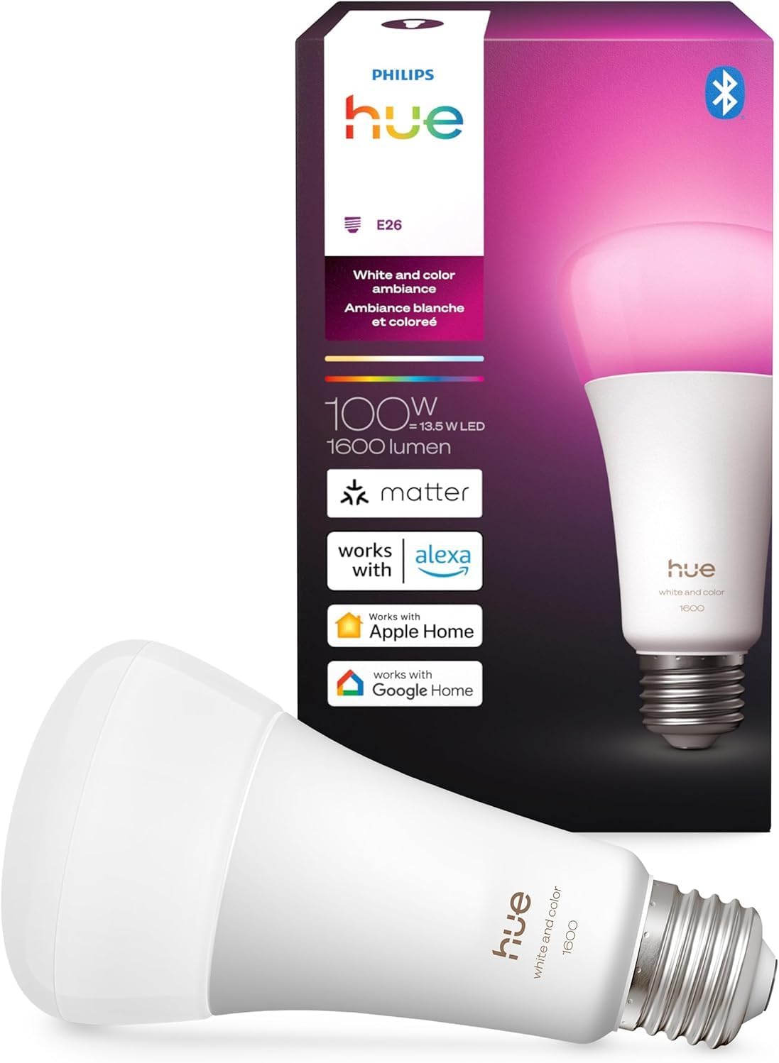 Philips Hue Smart LED A21 Bulb, White and Color Ambiance, E26 Base, 13.5W, Full Spectrum Light 1000K-20000K, 1600 Lumens, Dimmable, Compatible with Alexa, Google Assistant, and Apple Home, 1 Pack