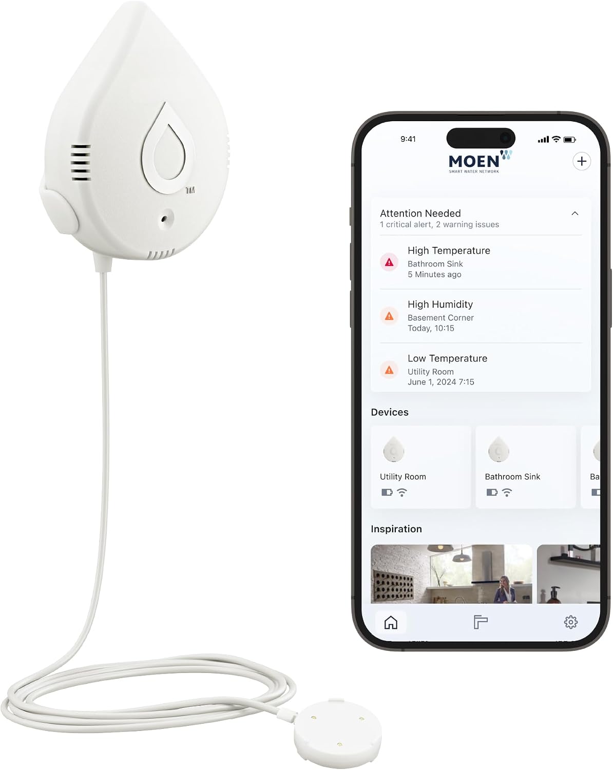 Moen White Flo Smart Water Leak Detector, Water Sensor Alarm for Home, 3-Pack, 920-005