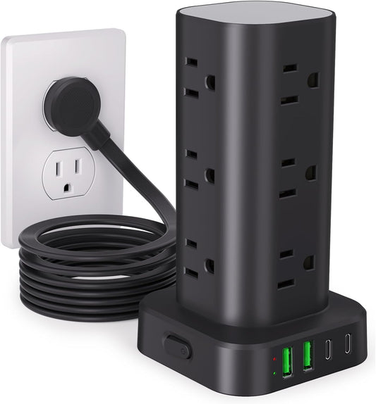 10FT Power Strip Tower Surge Protector, 12 Wide Spaced Outlets, 4 USB