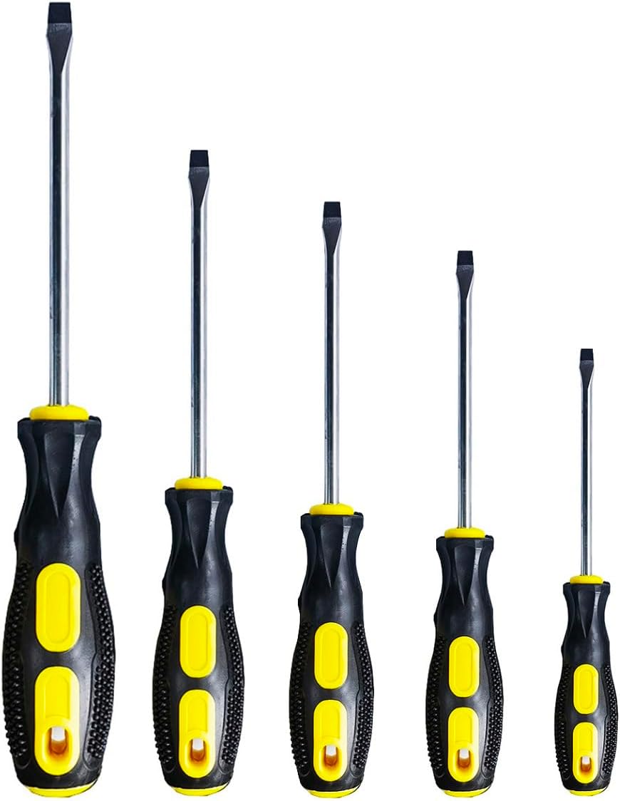 Flat Head Screwdriver Set (5 Sets in the Following Sizes Slotted Screwdriver with Magnetic Tips. Soft Ergonomic Grip from Standard or Precision Flat Screwdrivers