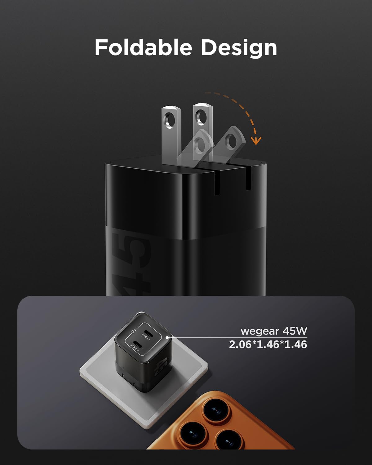 45W USB C Charger, 2 Port GaN Fast Charging with PPS, Foldable Wall Charger Block for iPhone 17/16/15, iPad, Galaxy S25/S24, Pixel 10/9 (Black)