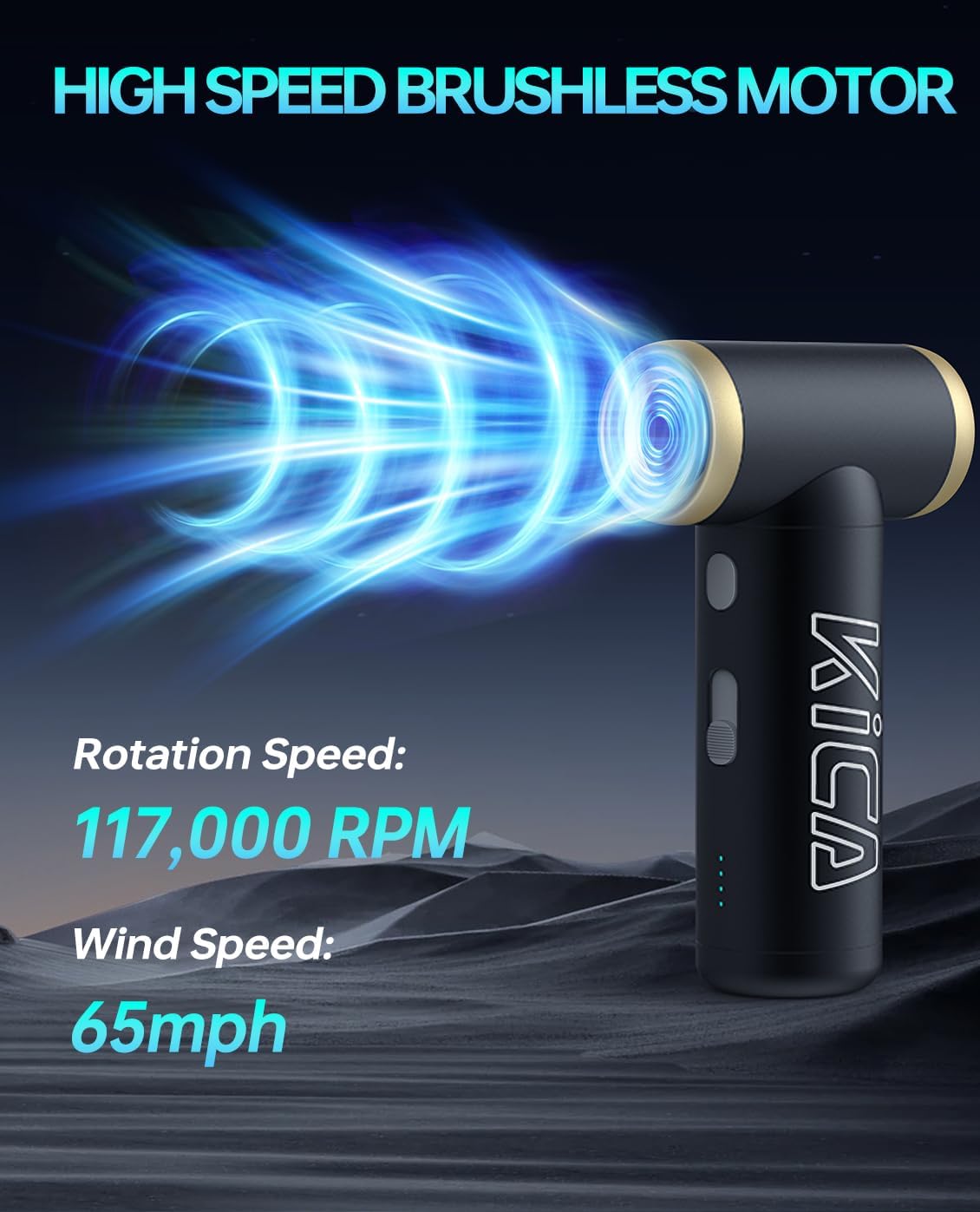 KiCA Jet Fan 2S Electric Air Duster, 117000RPM Cordless Turbo Mini Blower | Aluminum Shell , 65MPH High-Speed Airflow , Stepless Speed Control , 210-Min Battery , For PC, Keyboard & Car Detailing