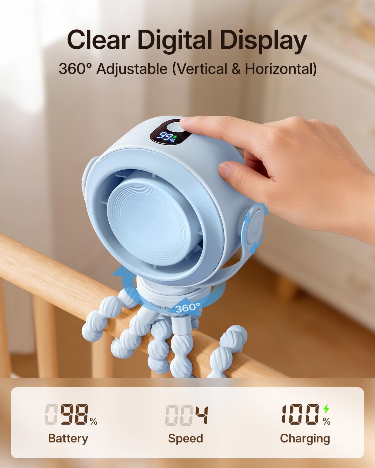SWEETFULL Portable Stroller Fan, Pinch-Proof Baby Fan - Blue | Wide Turbine Airflow; Safe Design; LED Display; 5-Speed; 30dB Quiet; USB-C Rechargeable; Mini Clip On Fan for Car Seat & Bed