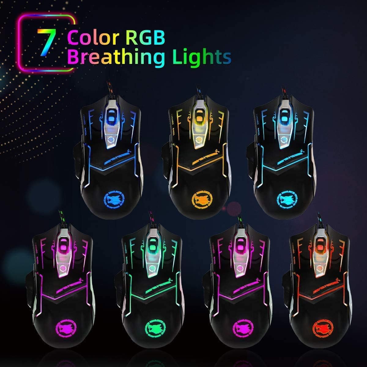 RGB Light up Wired Gaming Mouse for Computer - Durable USB Led Laptop Mice w/ 7 Color Backlit, 4 Adjust DPI Up to 3200 for Gaming, Silent & Stable PC Corded Mouse for Mac MacBook Windows Linux PS4