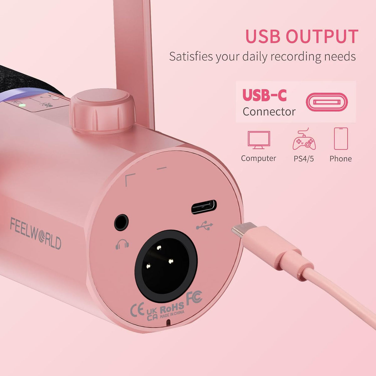 FEELWORLD PM1 Pink XLR USB Metal Podcast Dynamic Microphone with Boom Arm | PC Computer Gaming Streaming Mic with RGB Light, Studio Vocal Mic for Singing Recording Gifts, Mute Button, Headphones Jack