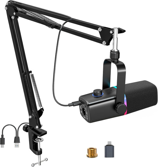 ZealSound USB/XLR Dynamic Microphone with Boom Arm, Podcast Gaming Mic for PC, Mac, iPhone, USB-C & Lightning, RGB Light, Touch Mute, Gain Control, Headphone Monitoring for YouTube TikTok Streaming