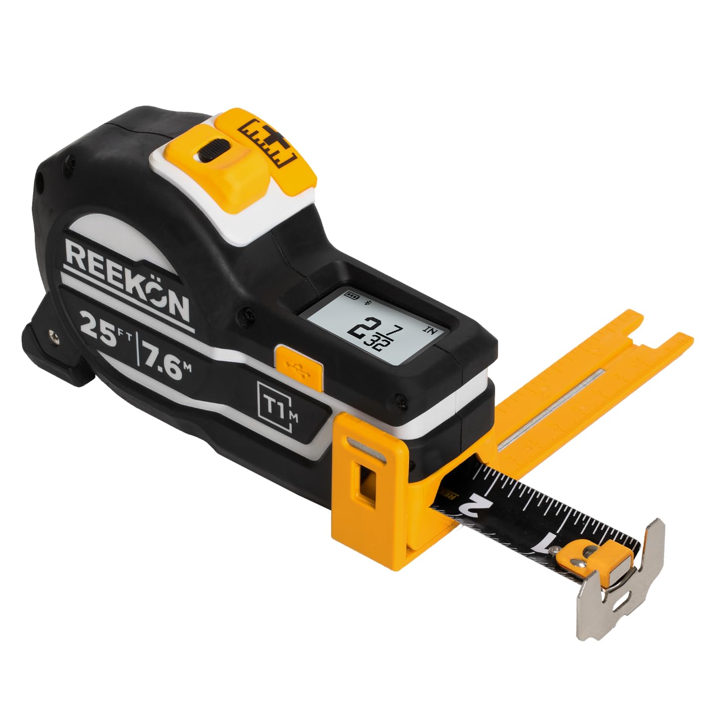 REEKON T1M Utility 25 ft Digital Tape Measure for the Job Site | 1/32” Accuracy, 1,000+ Measurement Memory with Bluetooth Sharing, LCD Display, Marking Square, 150+ Hour Battery