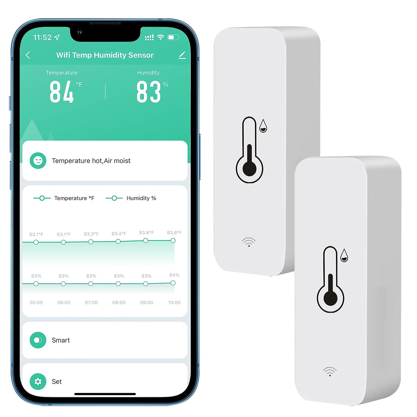 WiFi Thermometer Hygrometer Sensor, Wireless Temperature and Humidity Sensor for Indoor and Outdoor Use with Remote App Notification Alarm, Works with The Tuya App (1 Pack)