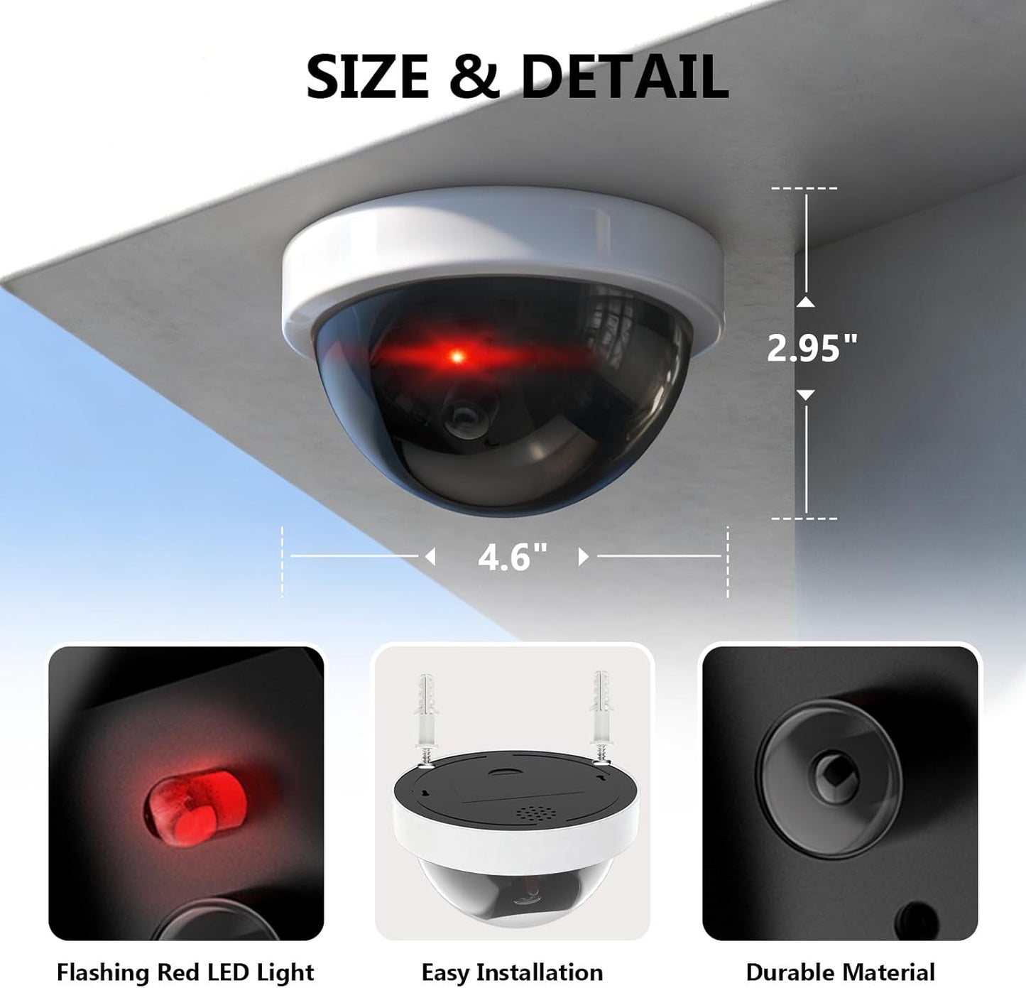 WALI Dummy Fake Security CCTV Dome Camera with Flashing Red LED Light with Security Alert Sticker Decals (SDW-2), 2 Packs, White