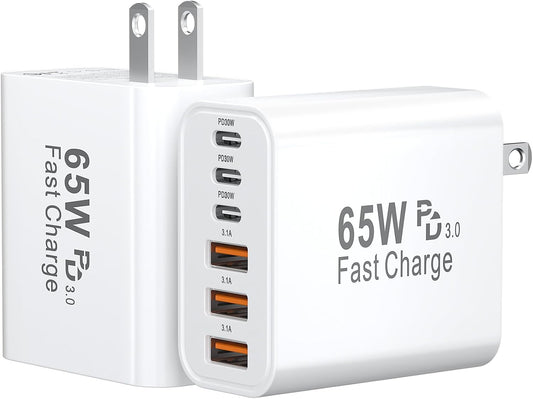 USB C Fast Charger Block, 65W USBC Super Fast Wall Charger Block Plug, 6 Port Type C Phone Charging Blocks Cubes Power Adapter Multiport Brick for iPhone 17 16 15 14 13 12 Pro Max, Galaxy S26, 2 Pack