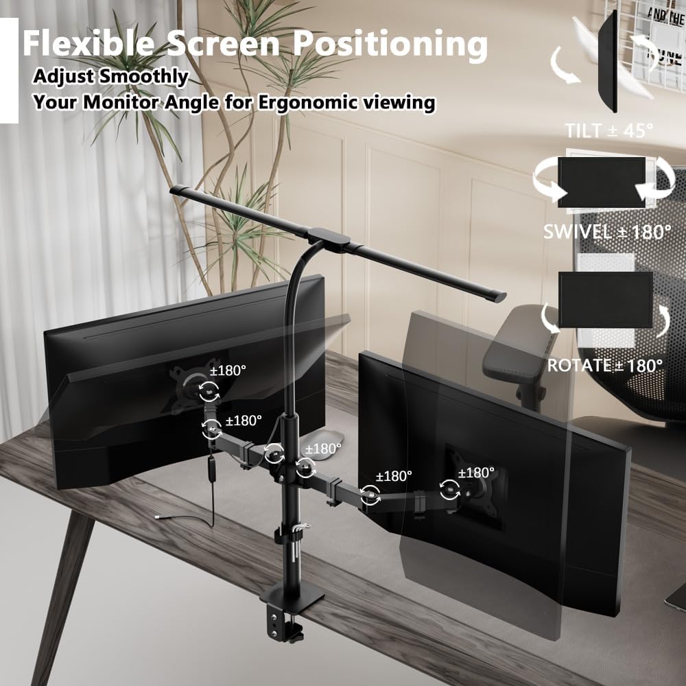 Dual Monitor Stand with LED Desk Lamp,Dual Monitor Mount for Desk Holds up to 30 Inches Screens, Supports 19.84 lbs per Monitor Arm, Swivel, Rotate and Tilt 2 Monitor Desk Mount