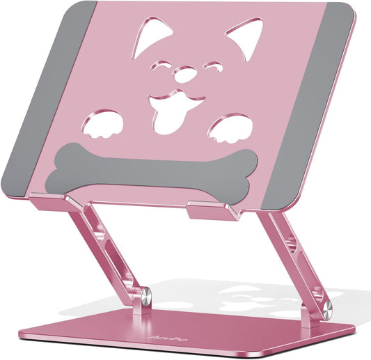 Aoviho Aluminum Laptop Stand for Desk Fit for All 10"-17.3" Laptops, Pink | Height-adjustable Notebook Holder, Ergonomic Computer Riser with Unique Puppy Cooling Vent, for Mac, Dell, Lenovo, HP