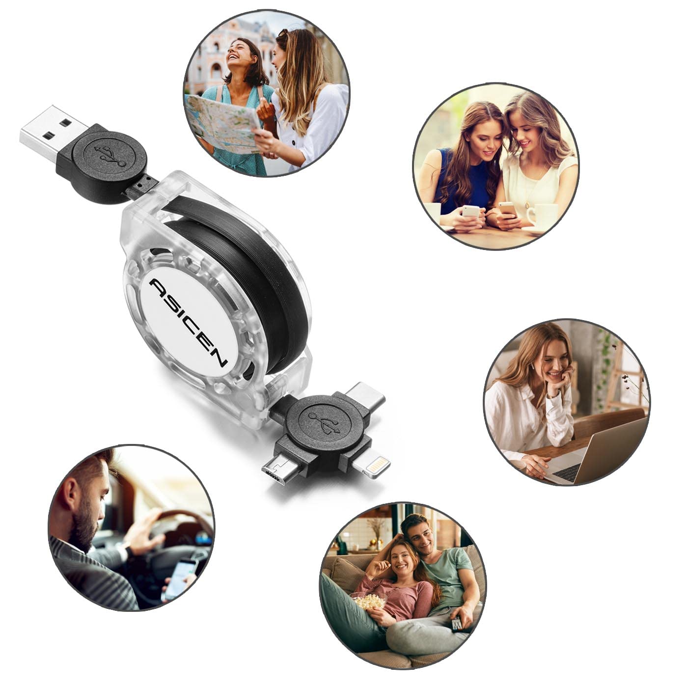 3 in 1 Retractable Multi Charging Cable, Fast Charging Cord, 2Pack,3.3Ft | USB Cable Phone Multiple Charger with USB C/Lightning/Micro, Travel Car Accessories for iPhone 17 16 15 14/Samsung/Kindle/Car