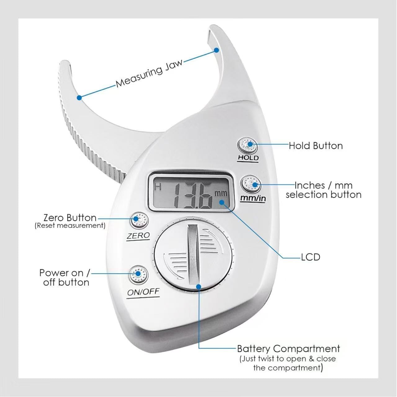 Digital Body Fat Caliper with LCD Display – Handheld Skinfold Fat Tester with Body Tape Measure, Accurate Body Fat Measurement Tool for Men and Women, Portable Fitness Analyzer, mm/in Units