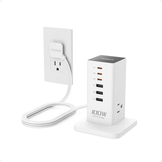 TESSAN 100W USB Charging Station for Multiple Devices 9-in-1 USB Charger | Desktop Accessories with 3 AC Outlet, 3 USB C, 3 USB A for iPhone 17/16/15, MacBook, Tablet, Home Drom Office, White