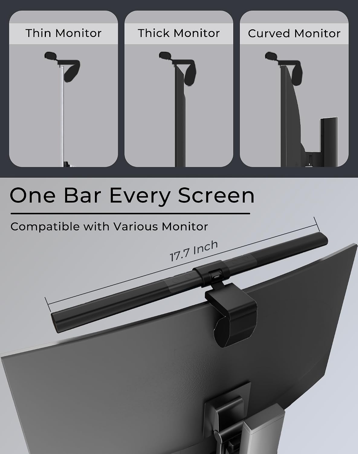 Monitor Light Bar, Computer Monitor Lamp for Flat & Curved Screens, Eye-Care USB Reading Desk Lamp with No Screen Glare, Stepless Dimming, Ra95 Touch Control Screen Bar for Home Office Gaming
