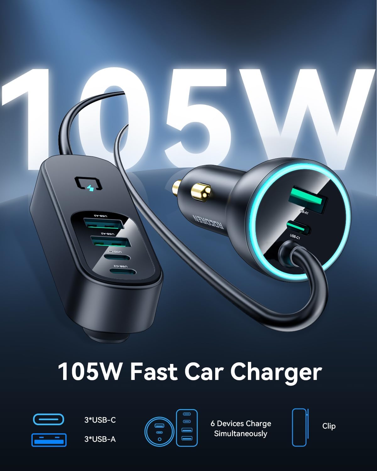 Rocoren 105W 6‑Port PD USB‑C Car Charger with 5FT Cable, Travel Essentials | Cigarette Lighter Adapter Powers Multiple Devices At Once, Car Accessory For Road Trips And Compatible With IPhone 17/16