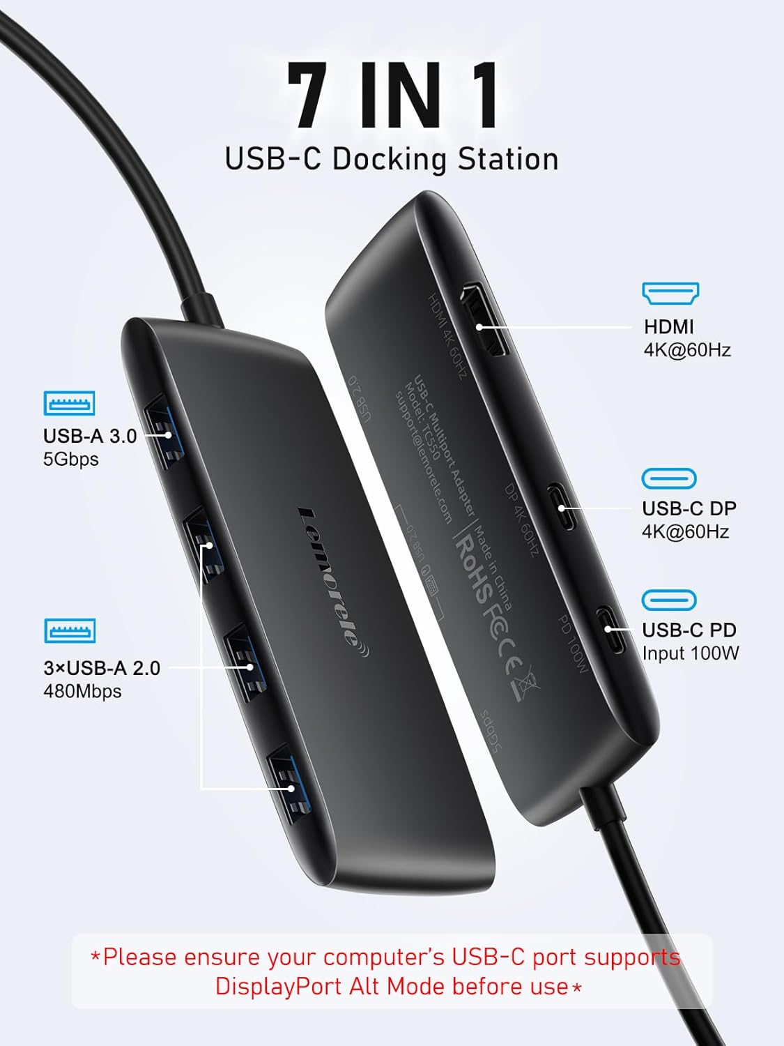 Lemorele 7-in-1 USB-C Hub, Dual 4K USB-C Video & HDMI, 100W PD
