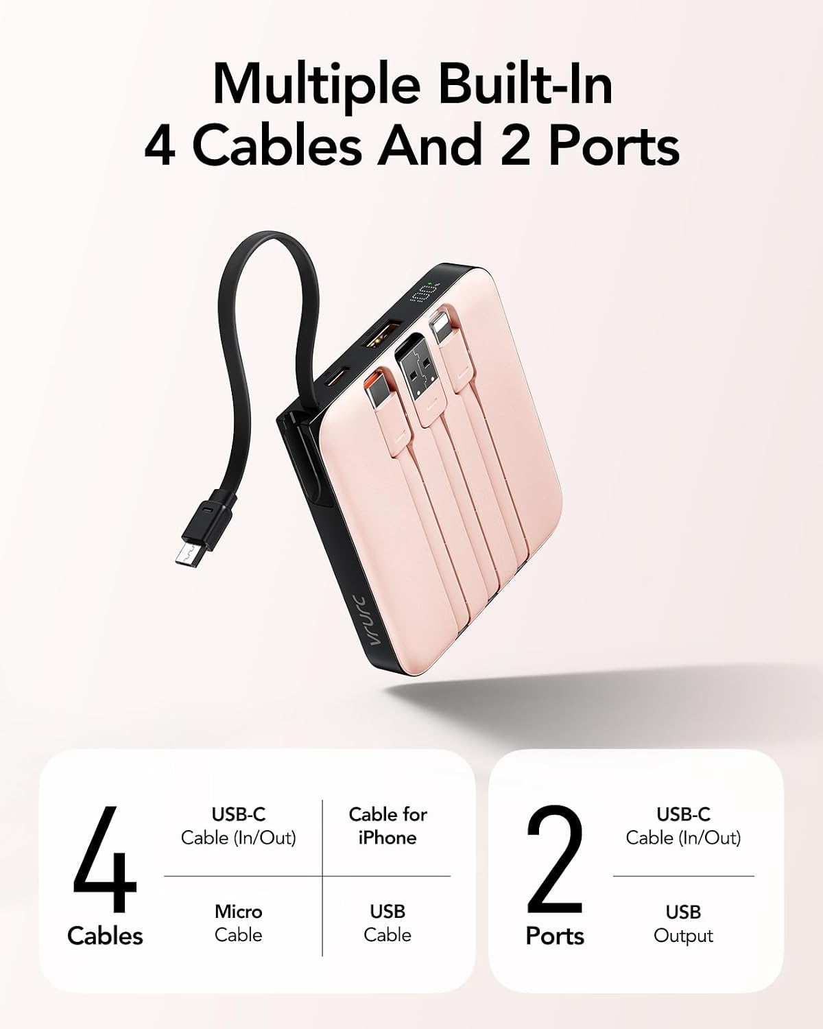 VRURC Portable Charger for iPhone Built-in Cables, 22.5W USB C Fast Charging 10000mAh Pocket Power Bank, Battery Pack for iPhone 17/16/15 & Samsung Galaxy Android Phone, Pink(1 Pack)