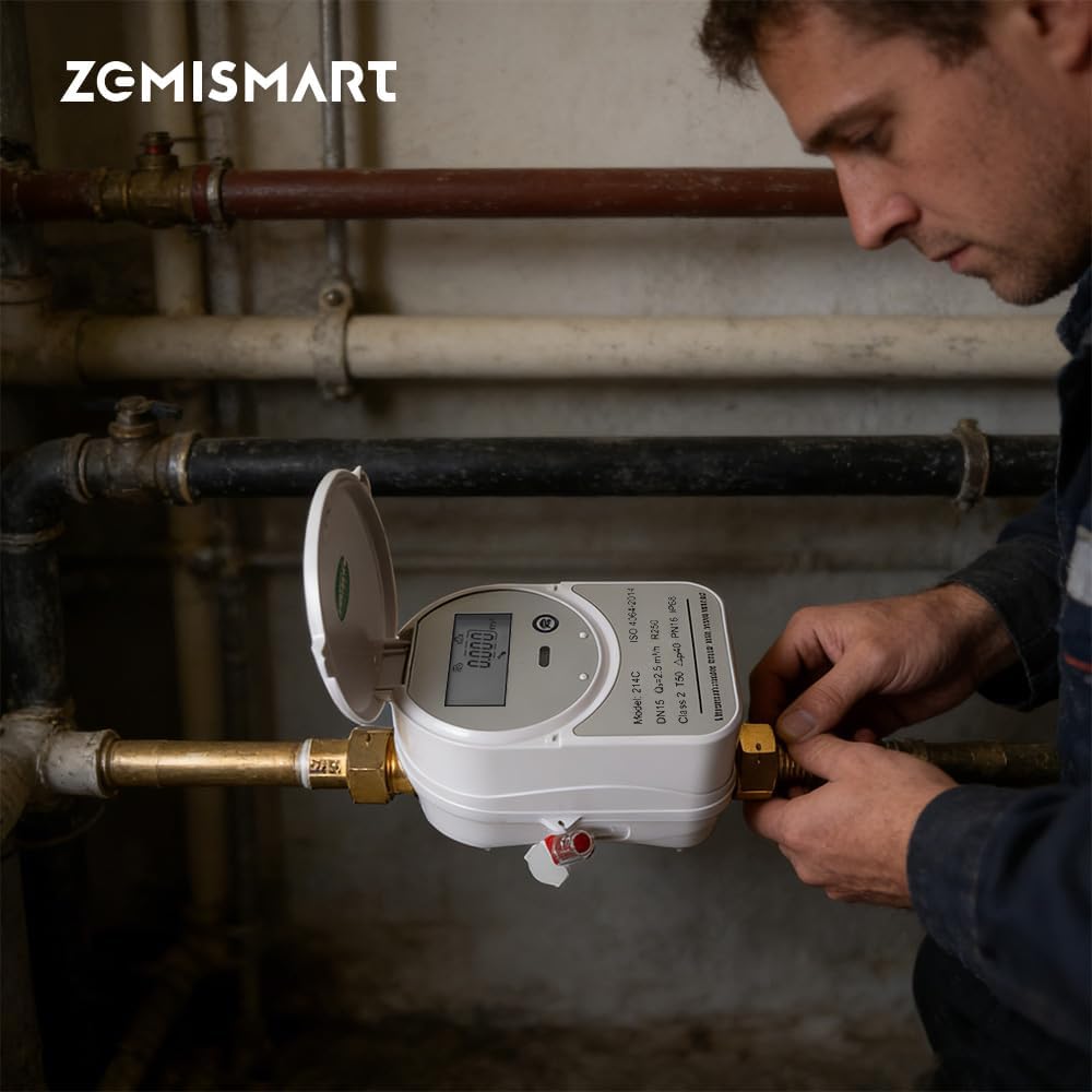 Zigbee Smart Water Meter with Shutoff Valve & LCD Display 214C - Works with Tuya Smart & Home Assistant, Battery-Powered, Remote Flow Monitoring, Zigbee Hub Required (3/4 inch, DN20)