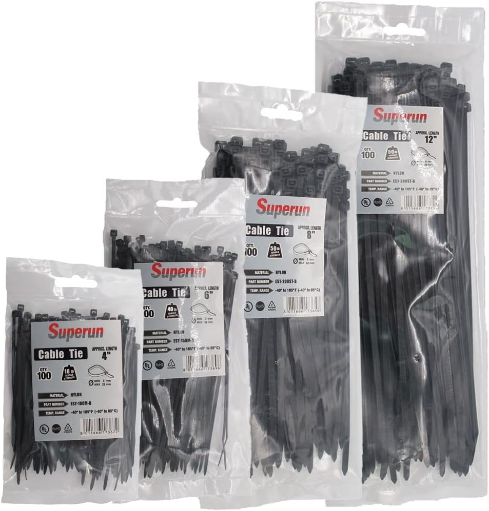 Superun Zip Tie Kit - 400 Pack Zip Ties Assorted Sizes 4 Inch, 6 Inch, 8 Inch Mix Pack in Black & White Wire Ties assortment… | Self-locking,Zip Tie Kit packed in case,Assorted Cable Ties 4 inch 6 inch 8 inch Mix Pack，Heavy duty,For indoor and outdoor
