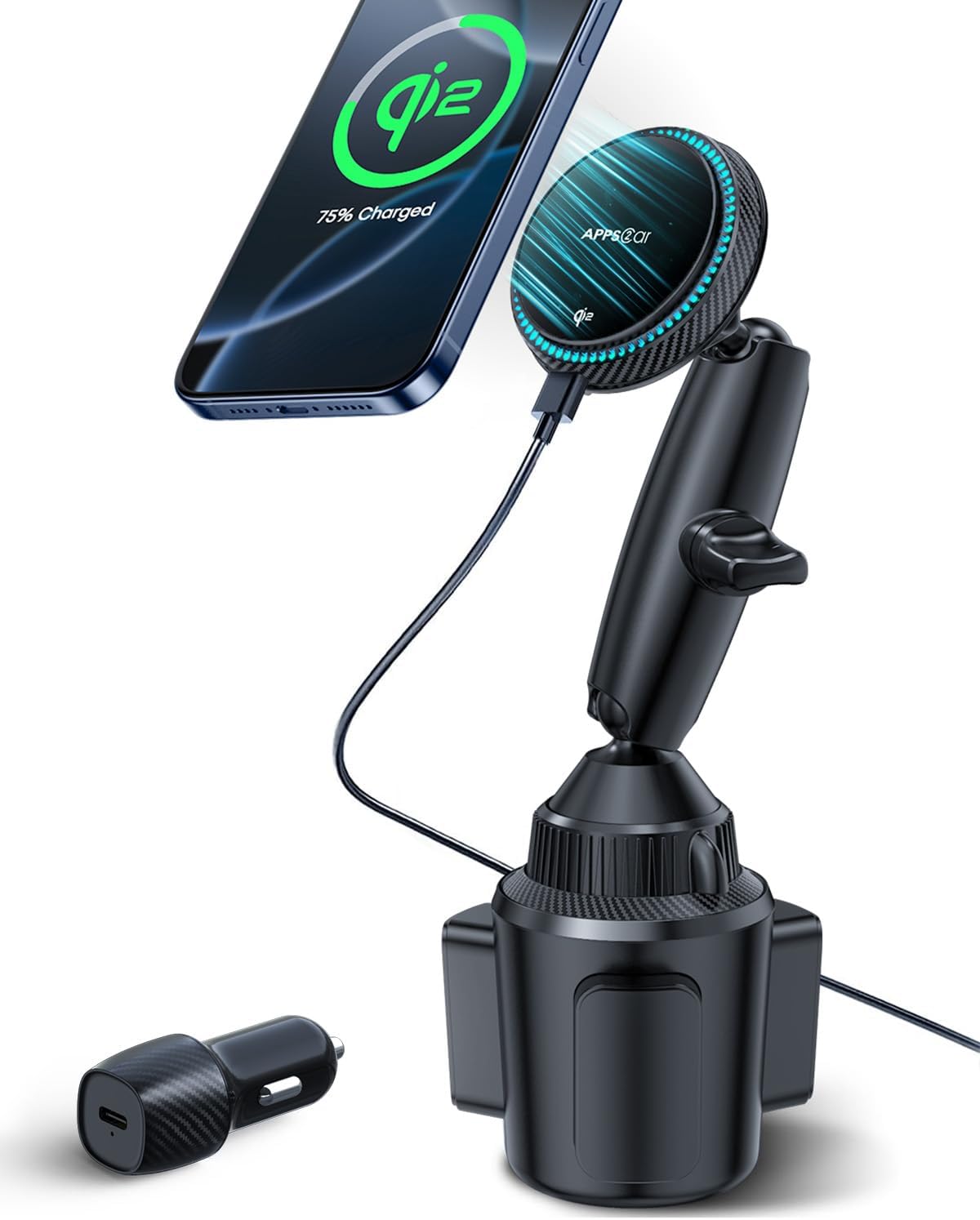 APPS2Car Upgraded for QI2 MagSafe Cup Holder Phone Holder Charger | 15W Fast Charging, Adjustable Tri-Pivot Arm, Wireless Magnetic Cell Phone Stand for iPhone 17 Air Pro Max Plus 16 15 14 13 12