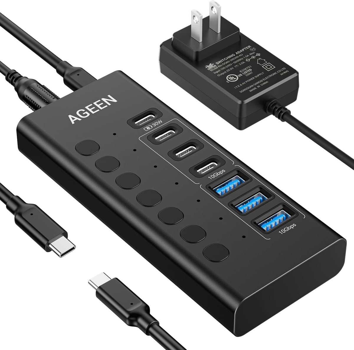 AGEEN USB C Hub, 7-Port 10Gbps Powered USB Hub, USB Splitter with 3 USB-A 3.2 and 3 USB-C 3.2 Ports, PD 30W Charging Port, 60W Power Adapter for PC, Laptop, MacBook, iPad, iPhone, Flash Drive
