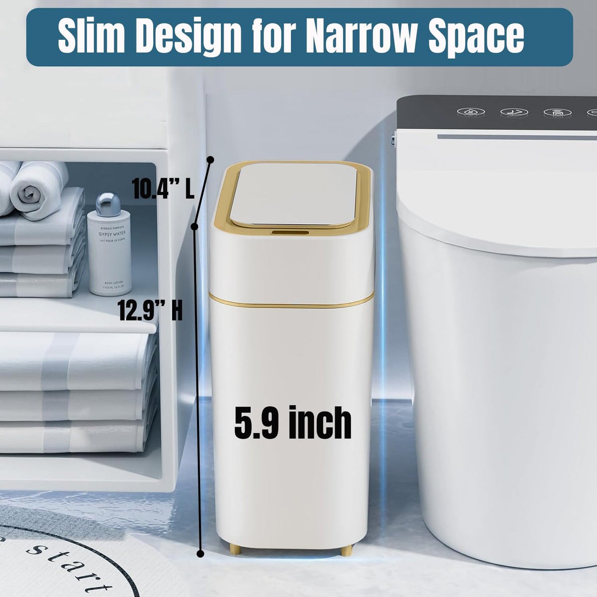 2-Pack Automatic Bathroom Trash Can with Lid, Slim Motion Sensor Garbage Can, Waterproof Touchless Trash Bin, Smart Trashcan for Bedroom, Living Room, Narrow Space, 2.3 Gallon, White+Gold Trim